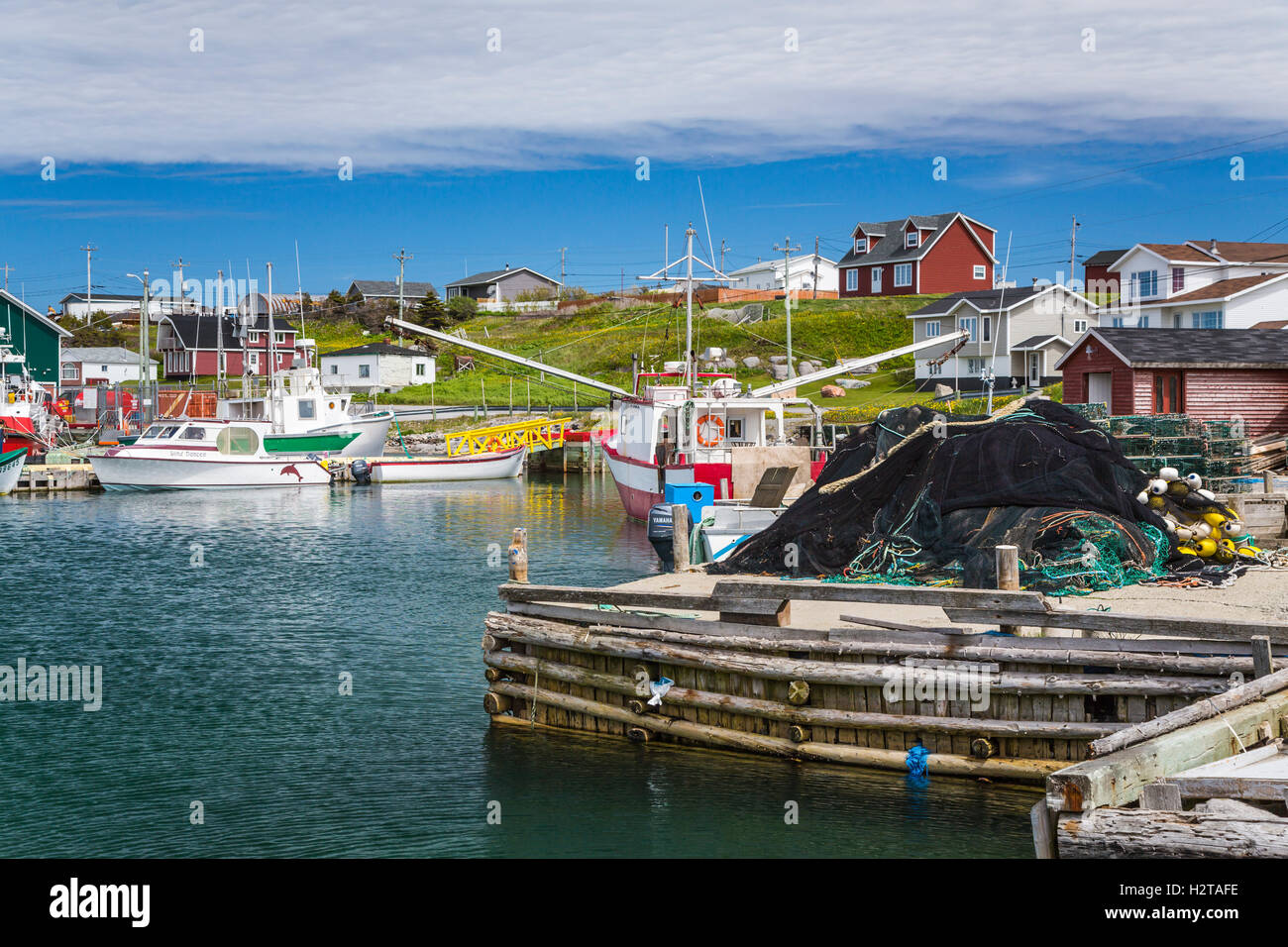 Barche da pesca in banchina nel porto di Port au choix, Terranova e Labrador, Canada. Foto Stock