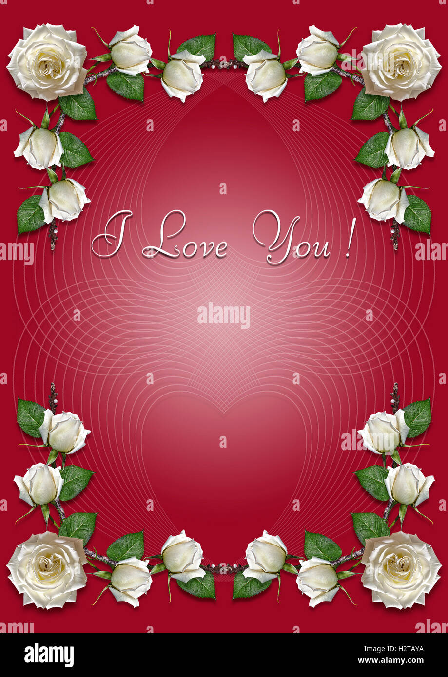Vinoso biglietto di auguri con telaio di rose bianche Foto Stock
