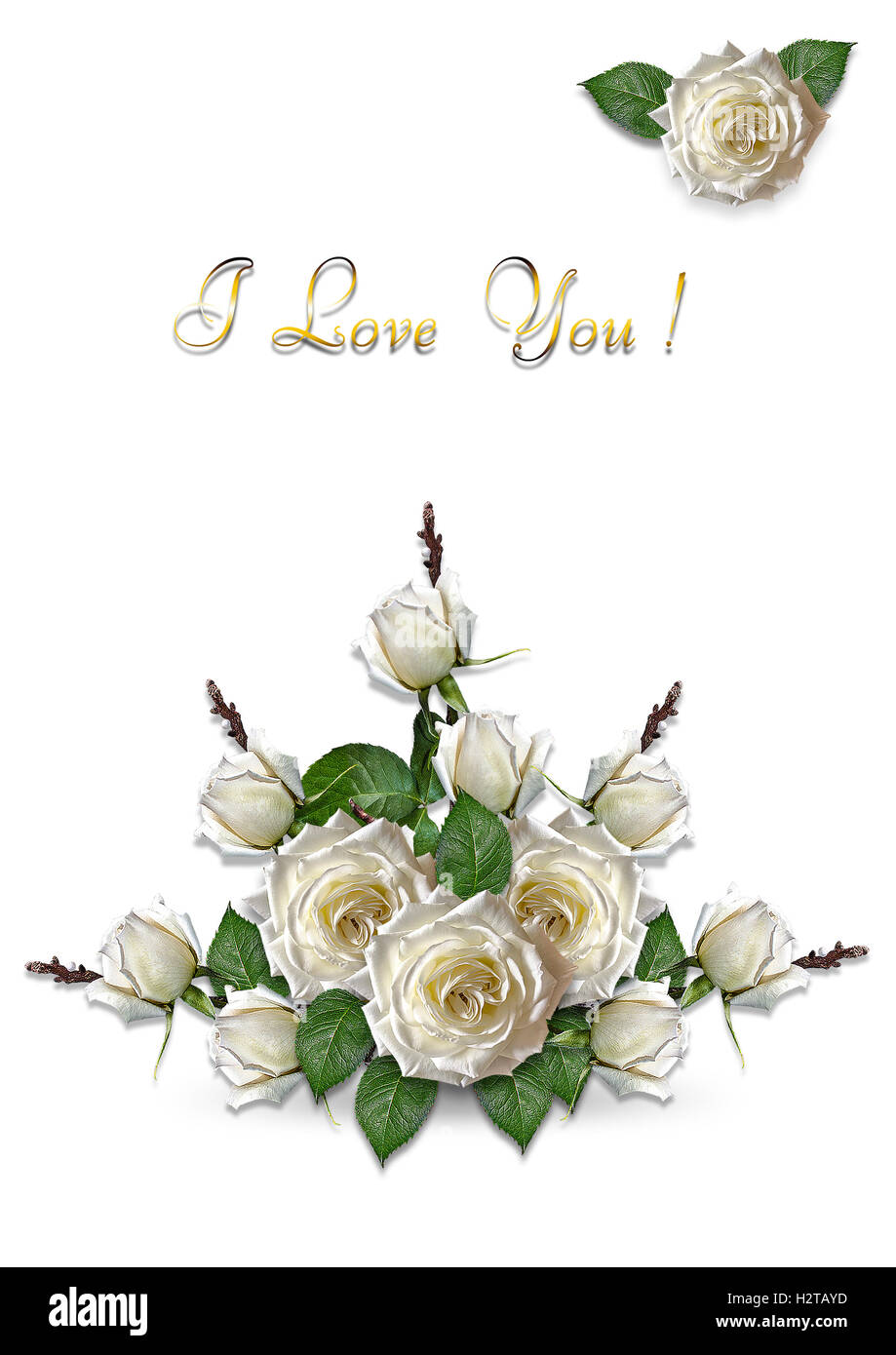 White biglietto di auguri con rose bianche Foto Stock