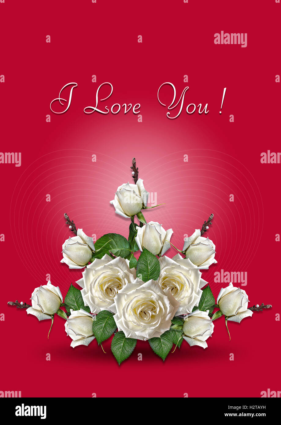 Vinoso biglietto di auguri con un bouquet di rose bianche Foto Stock