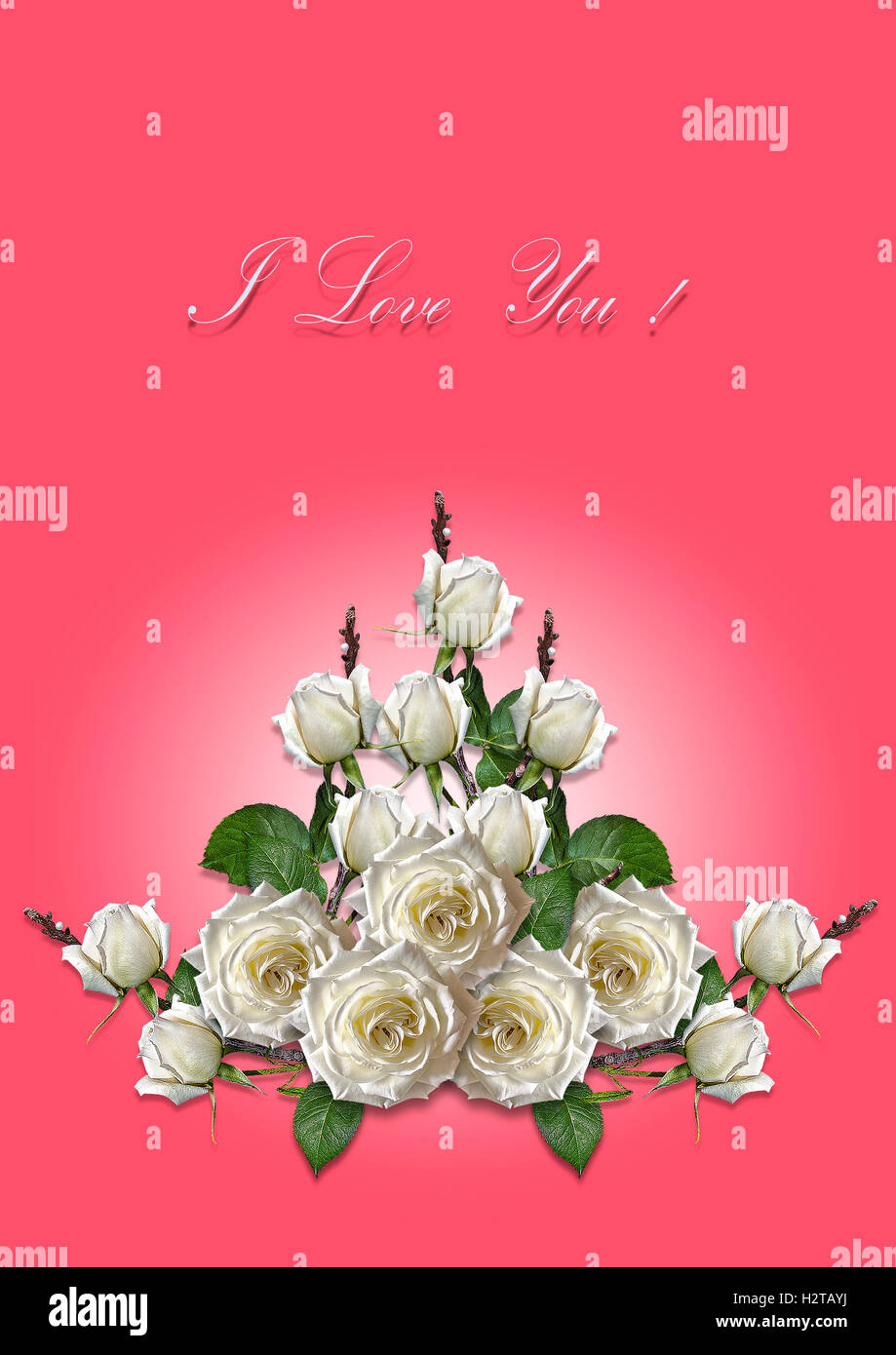 Bouquet di rose bianche su sfondo rosso Foto Stock
