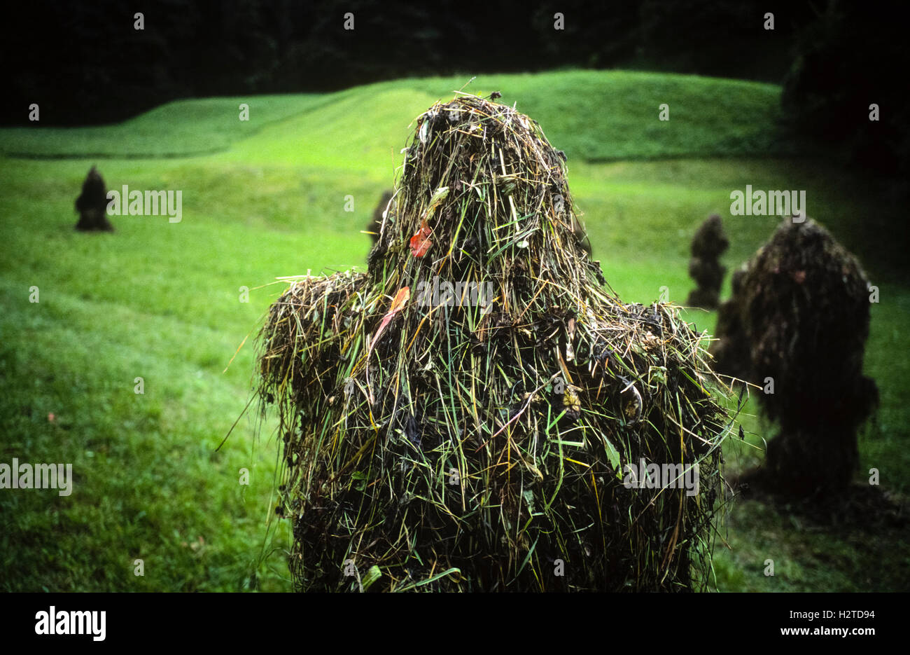 Haystacks guardando come i fantasmi di figure Partnachtal vicino a Garmisch-Partenkirchen Baviera Germania Foto Stock