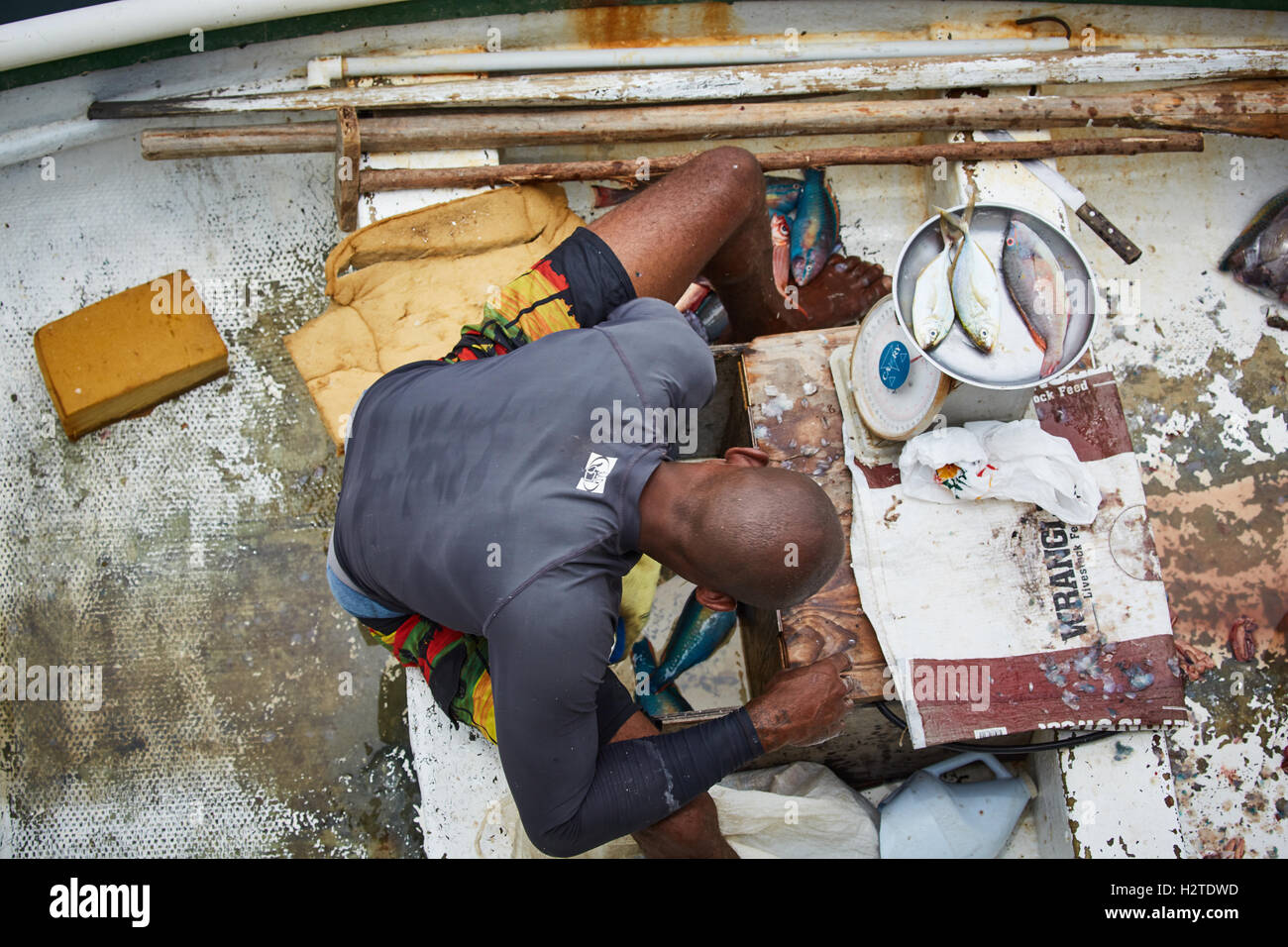 Barbados fisherman barca piccola pesca demolizione business locale trader uomo barca a remi lavoratore operaio pesce pescato poveri rundown r Foto Stock