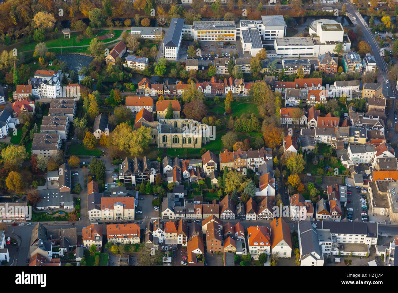 Vista aerea, vista del centro storico Lippstadt con Marienkirche, Maria la Chiesa, city plan, Lippstadt, Soesterboerde, Foto Stock