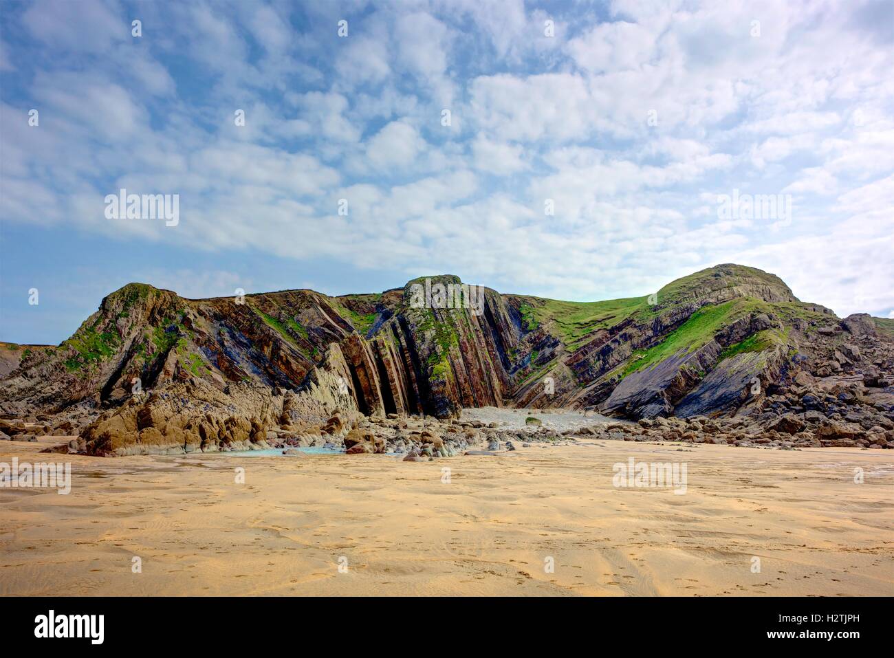 Dettaglio di strati geologici in Rupi costiere vicino a Bude, Inghilterra. Il paesaggio presenta giallo sabbia, erba, roccia e cielo blu. Foto Stock