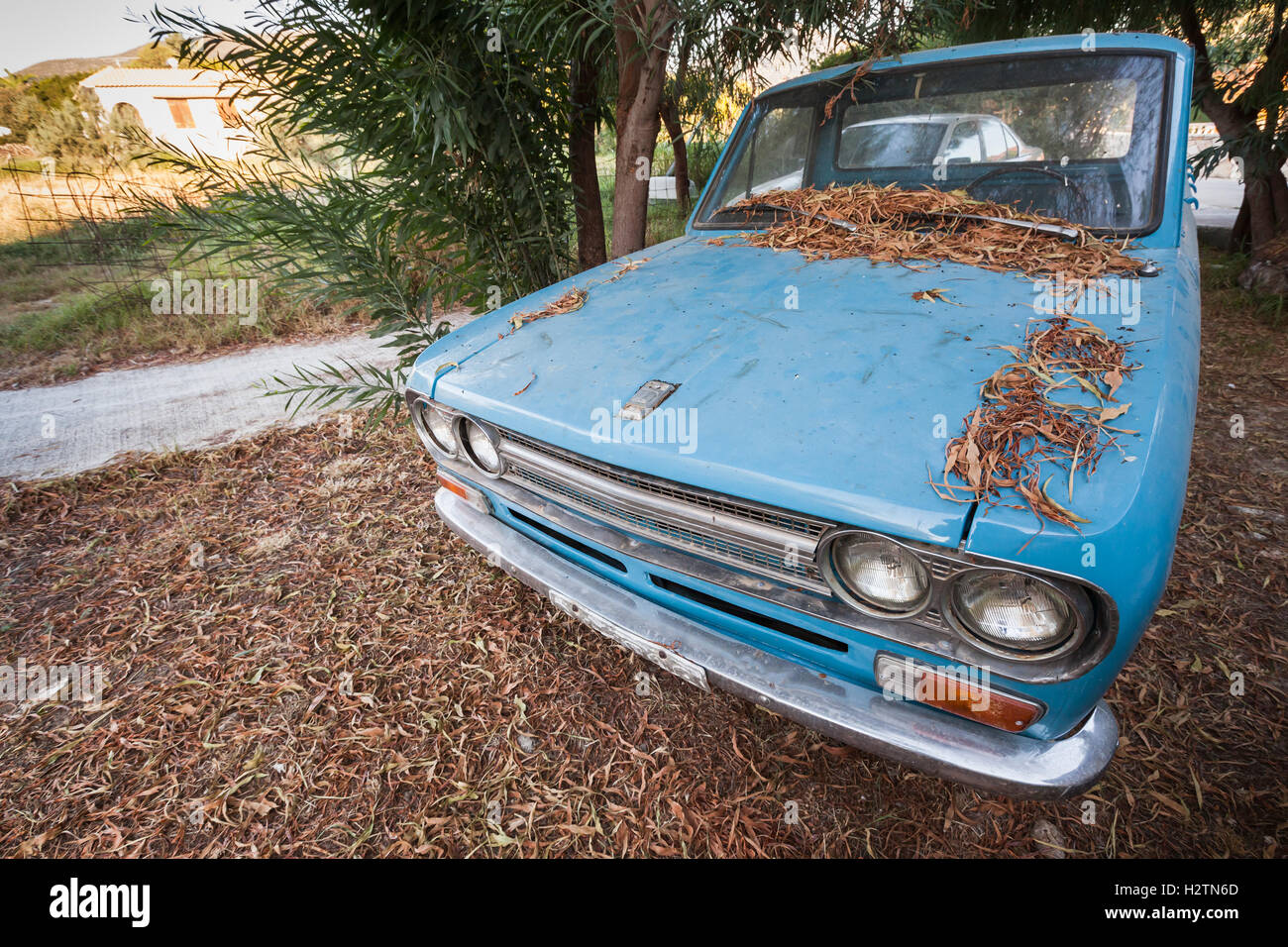 Zakynthos Greece - Agosto 16, 2016: Close up vista frontale del vecchio blu Datsun 1300 auto del raccoglitore Foto Stock