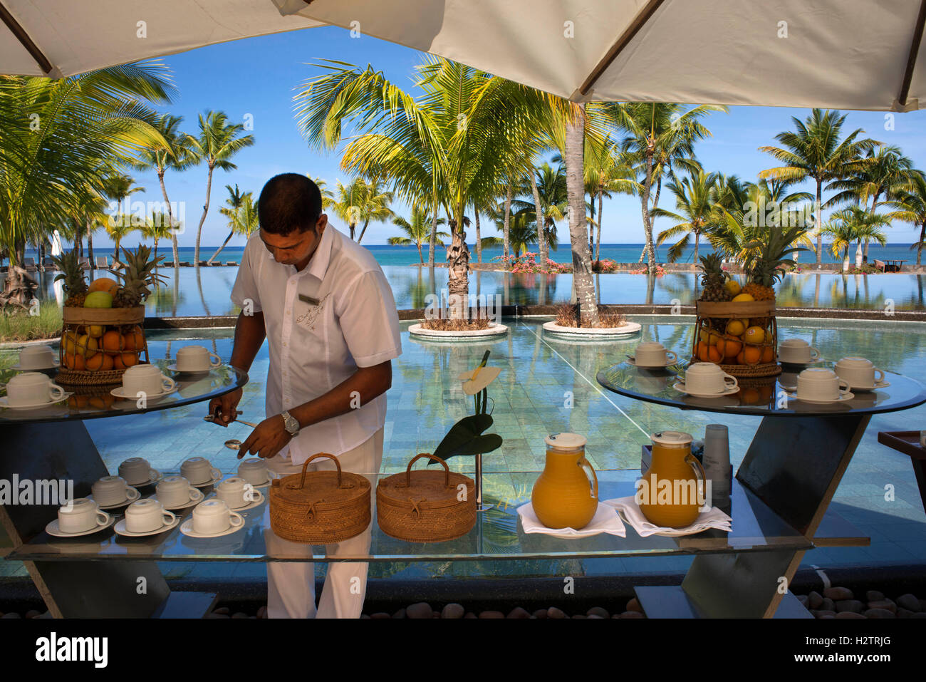 Succhi di frutta bevande analcoliche e caffè a pol di Trou aux Biches Hotel e Resort, Mauritius, Mascarene, Oceano Indiano Foto Stock