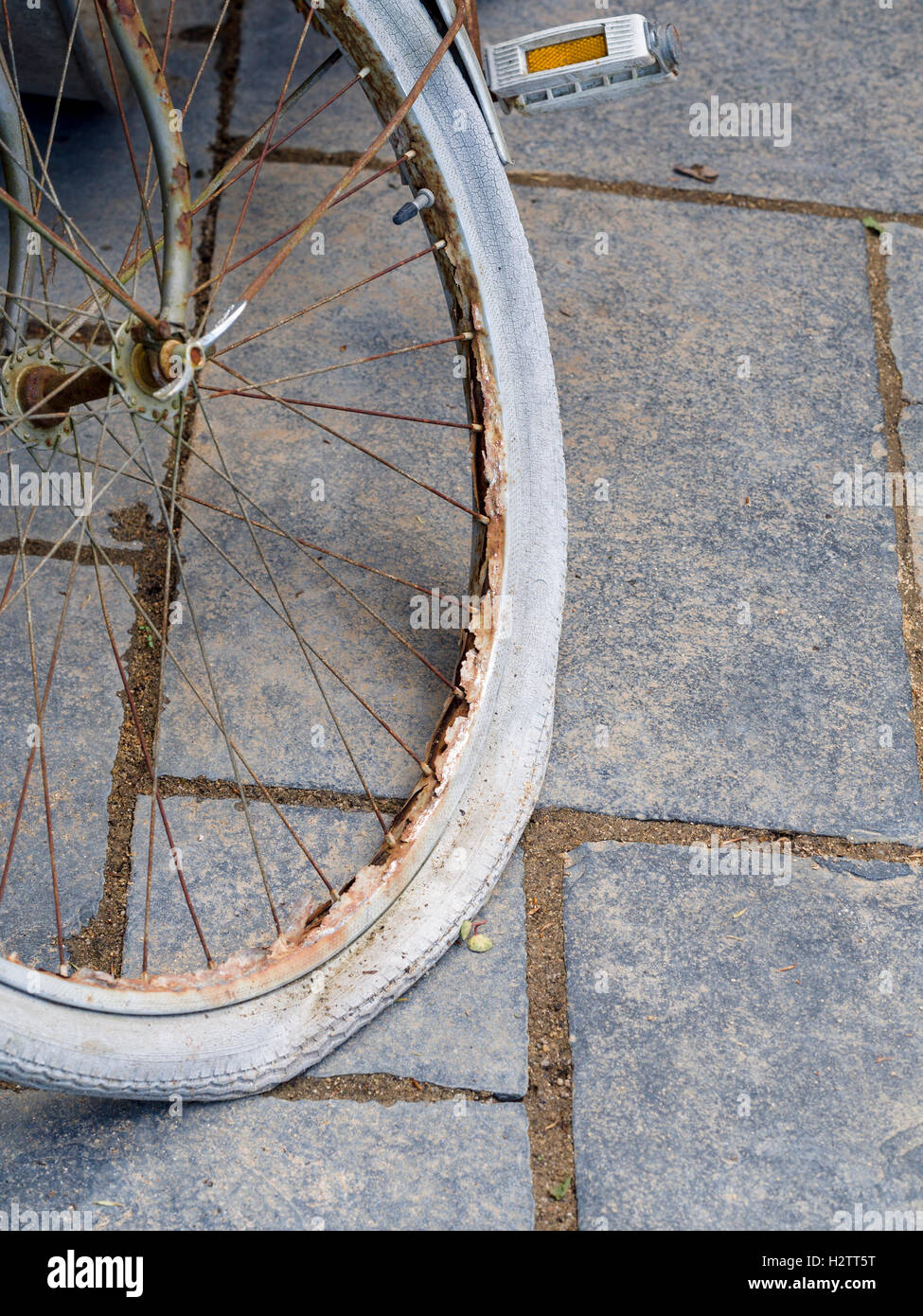 Bicicletta decomporsi pneumatico e cerchione arrugginito. Dettaglio di una mostra al Festival International des Jardins è un vecchio cerchio di bicicletta Foto Stock