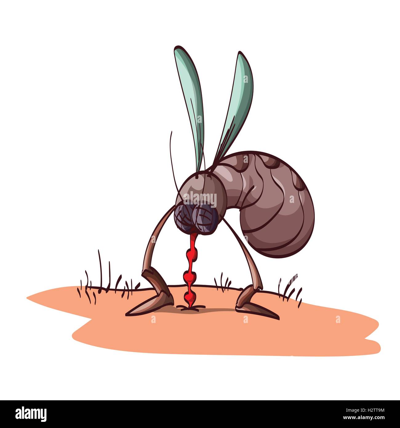 Colorata illustrazione vettoriale di un cartoon zanzara, succhiare il sangue dalla pelle Illustrazione Vettoriale
