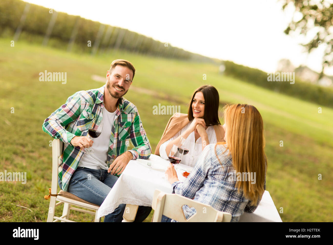 I giovani per gustare la cena e degustazione di vino nella vigna Foto Stock