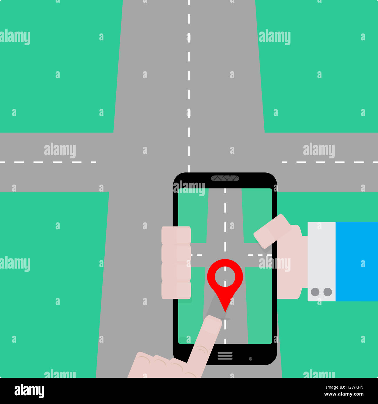 GPS Navigator concetto. Creare un percorso. Mappa gps, navigazione su smartphone, localizzatore GPS con antenna satellitare. Illustrazione Vettoriale Foto Stock