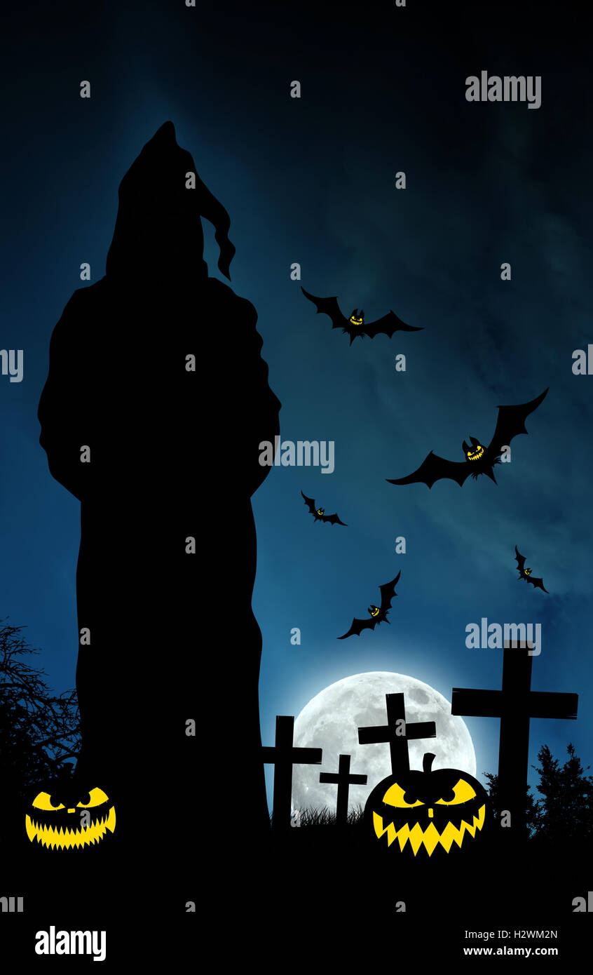 Halloween illustrazione a tema con zucche e pipistrelli Foto Stock