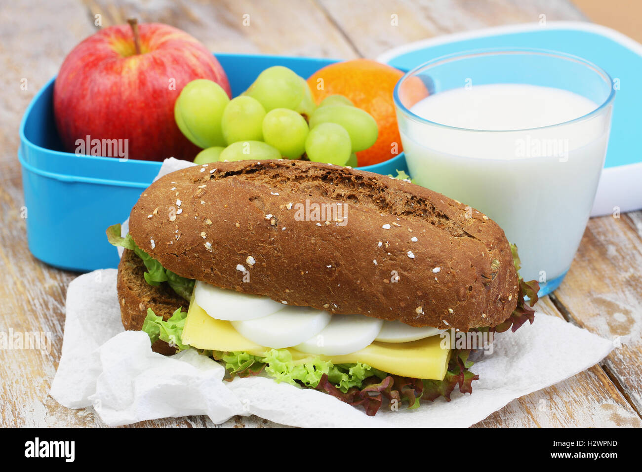 Marrone sandwich di pane con formaggio, uovo sodo e lattuga e scatola di pranzo pieno di frutta fresca e un bicchiere di latte Foto Stock