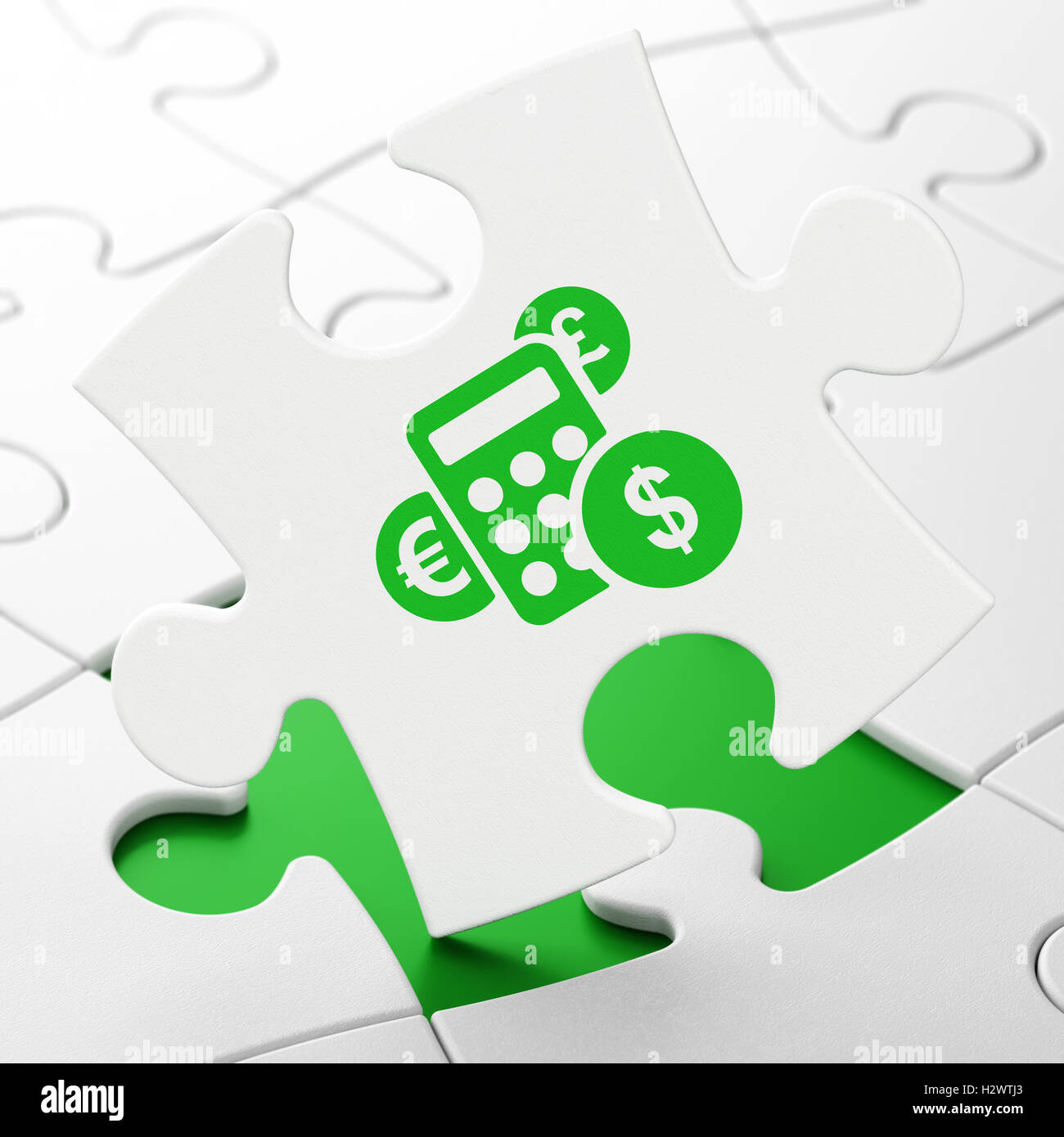 Il concetto di pubblicità: Calcolatrice su Sfondo puzzle Foto Stock