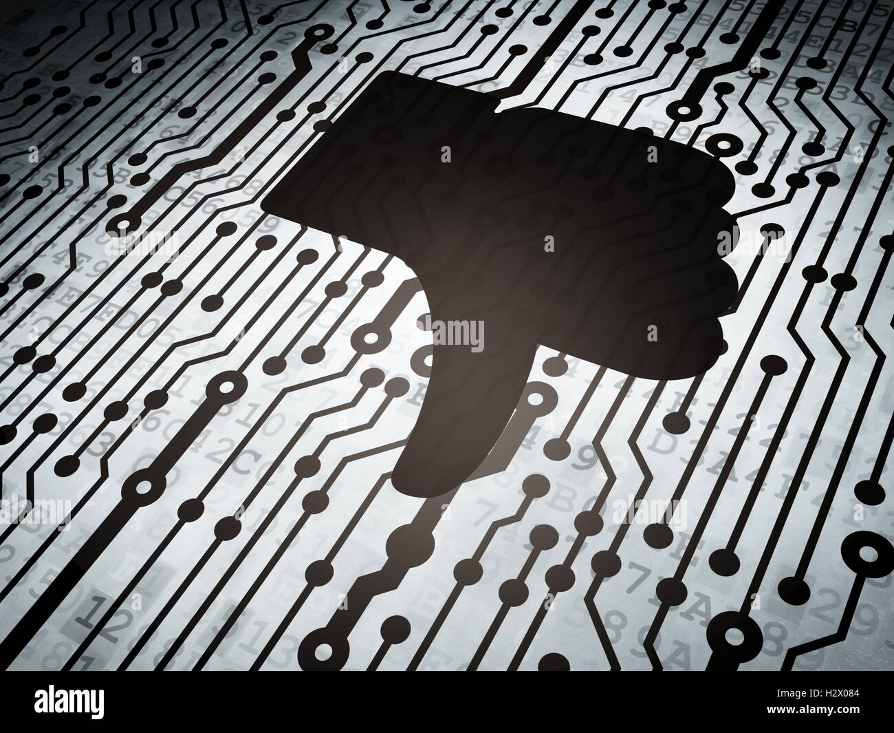 Social media concetto: scheda a circuito stampato con il pollice verso il basso Foto Stock