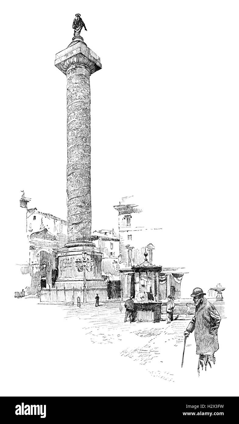 1891 in bianco e nero di incisione la colonna di Marco Aurelio in Piazza Colonna a Roma, Italia Foto Stock