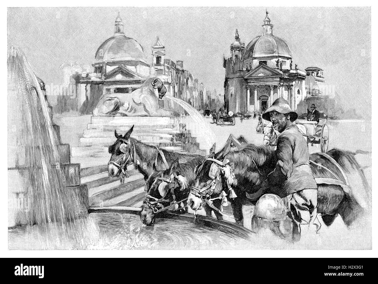 1891 in bianco e nero incisione di Piazza del Popolo a Roma, Italia Foto Stock