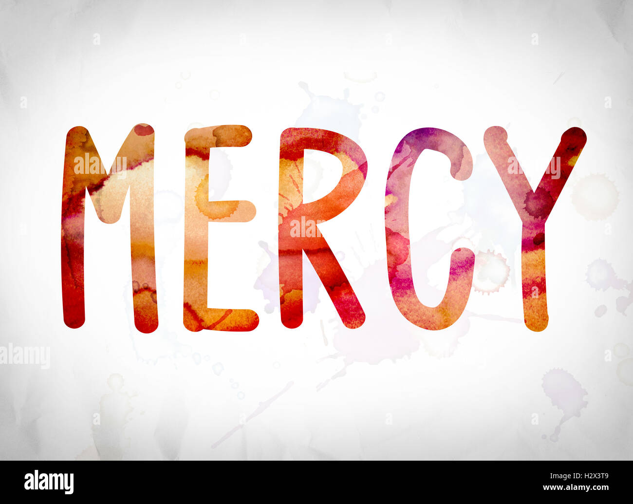 La parola 'Mercy' scritta in acquerello lambisce un libro bianco il concetto di sfondo e tema. Foto Stock