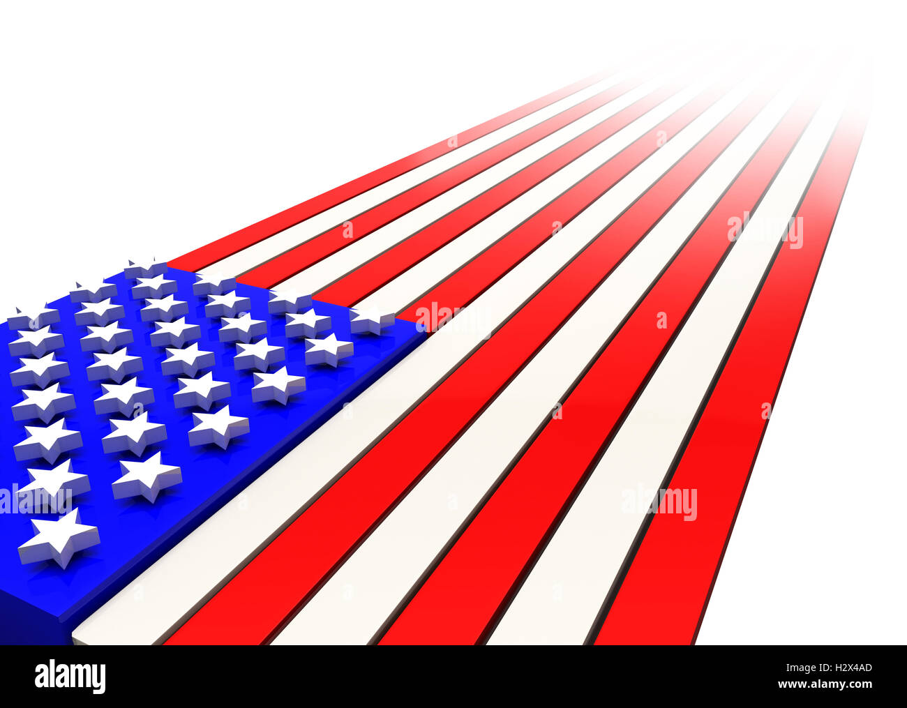 3D Rendering della bandiera americana in forte prospettiva scomparendo in diagonale a distanza Foto Stock