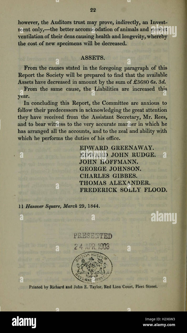 Il rapporto annuale della Zoological Society di Londra descrive in dettaglio le loro attività scientifiche, tra cui la ricerca sulla conservazione degli animali, gli studi sulle specie e le mostre zoologiche. Foto Stock