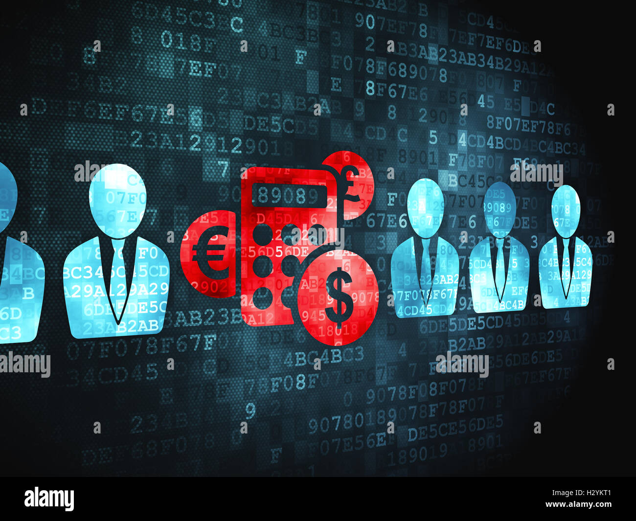 Il concetto di business: Imprenditore e Calcolatrice su backgro digitale Foto Stock