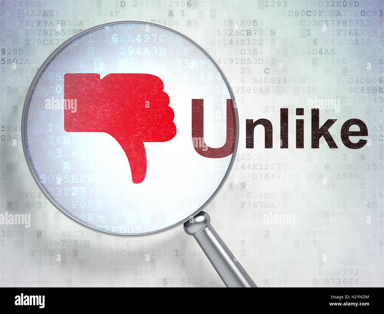 Social media concetto: il pollice verso il basso e a differenza di quanto accade con il vetro ottico Foto Stock