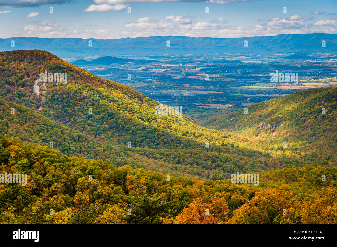 Inizio autunno vista della valle di Shenandoah, visto dalla Skyline Drive nel Parco Nazionale di Shenandoah, Virginia. Foto Stock