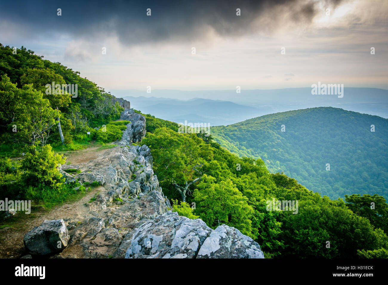Vista delle Blue Ridge Mountains da Hawksbill Summit, nel Parco Nazionale di Shenandoah, Virginia. Foto Stock