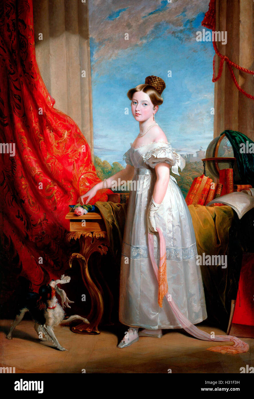 Victoria con il suo spaniel Dash 1833 dipinto da George Hayter Foto Stock