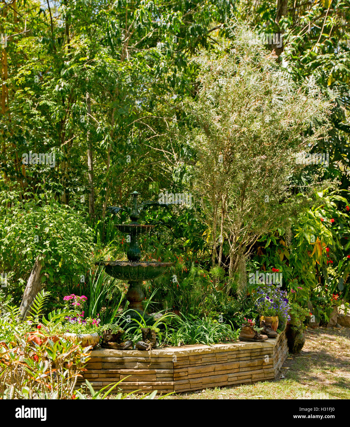 Giardino con fontana decorativa circondato dal verde smeraldo di fogliame, bassa parete di roccia, alberi e fiori colorati delle piante annuali Foto Stock