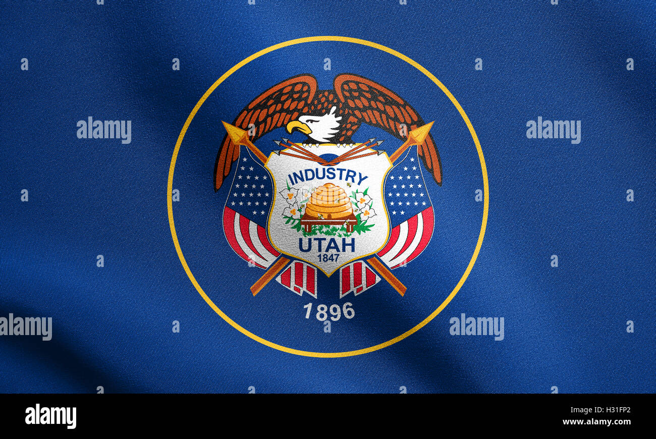 Utahn bandiera ufficiale, il simbolo. American elemento patriottico. Stati Uniti d'America banner. Stati Uniti d'America lo sfondo. Bandiera di stato americano Foto Stock