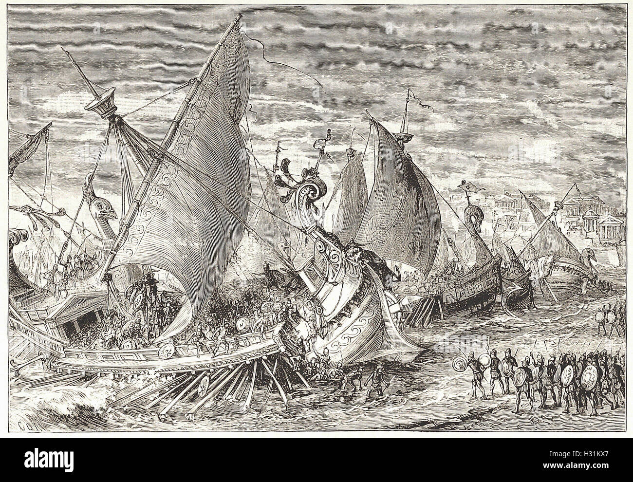 La battaglia navale nel porto di Siracusa - da 'Cassell illustrato della storia universale" - 1882 Foto Stock