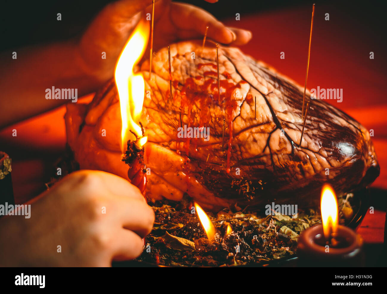 Rito magico con cuore bovino Foto Stock