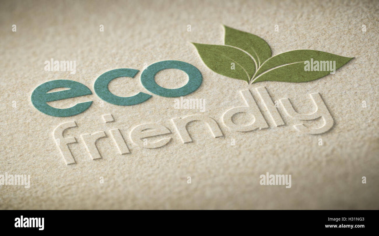 3D illustrazione di un eco friendly etichetta in rilievo sulla carta una texture con effetto di sfocatura. Concetto di ecofriendly prodotti o enviro Foto Stock