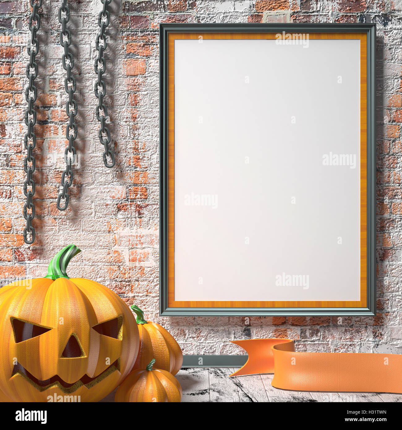 Jack o Lantern zucca, catene e mock up blank poster sul muro bianco. 3D render lo sfondo dell'illustrazione Foto Stock