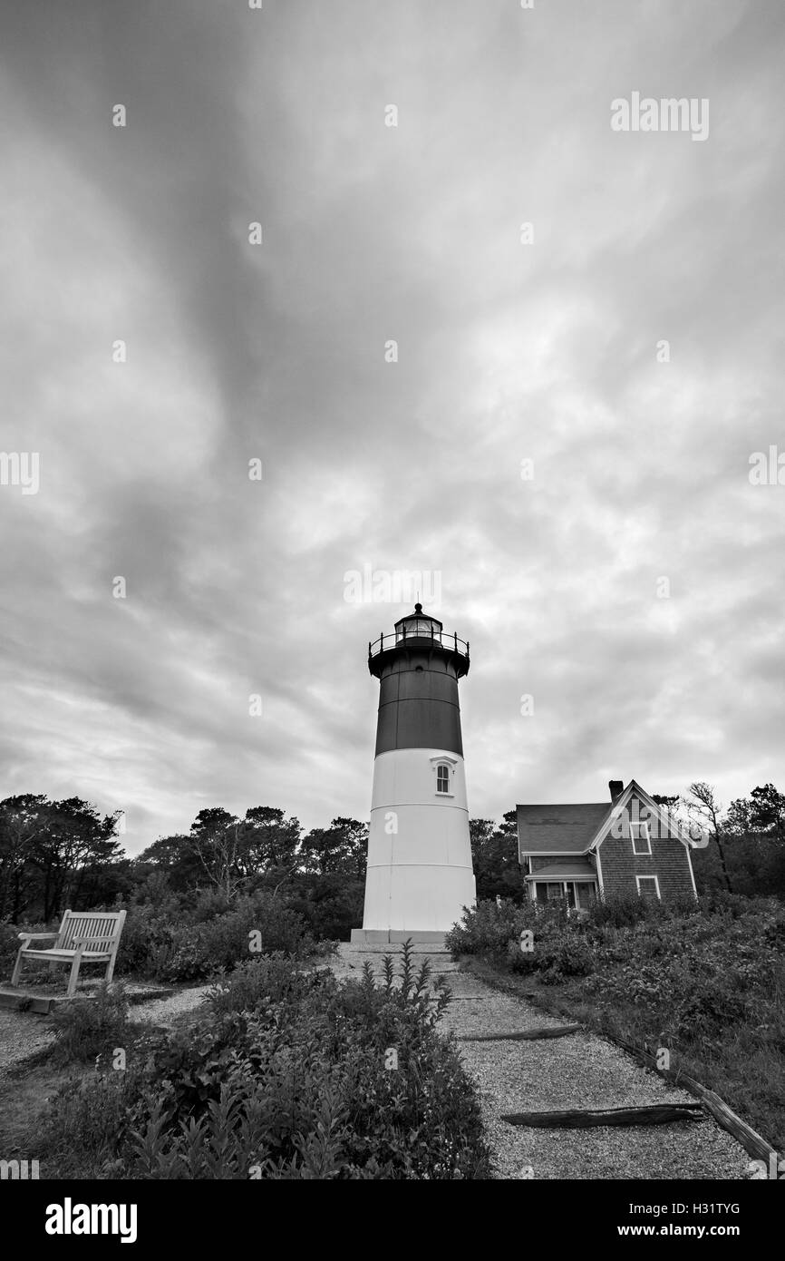 Faro Nauset tramonto a Cape Cod-Massachusetts, foto in bianco e nero Foto Stock