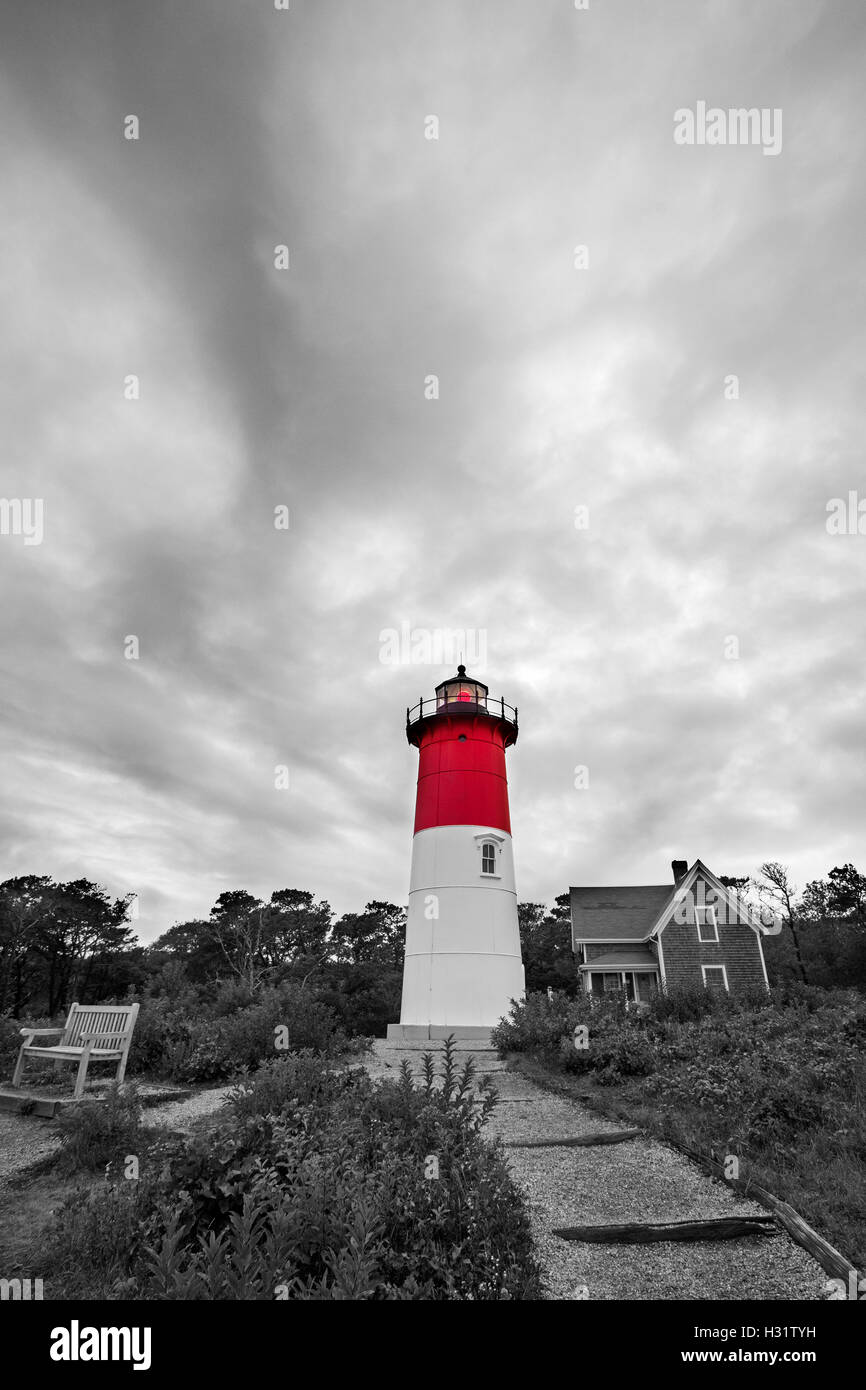Faro Nauset tramonto a Cape Cod-Massachusetts, foto in bianco e nero Foto Stock