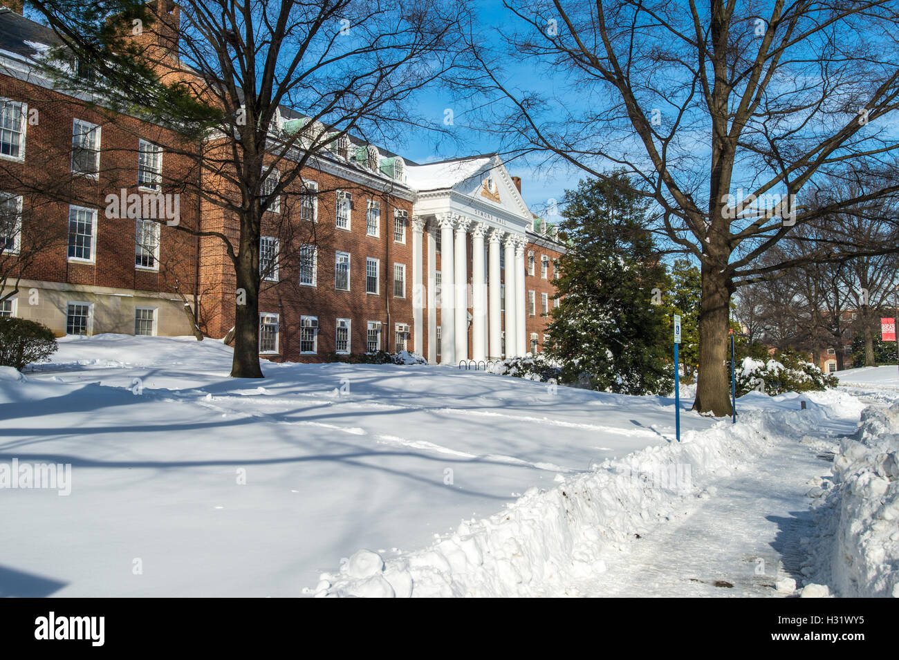 Neve sul campus dell'Università del Maryland, College Park. Foto Stock