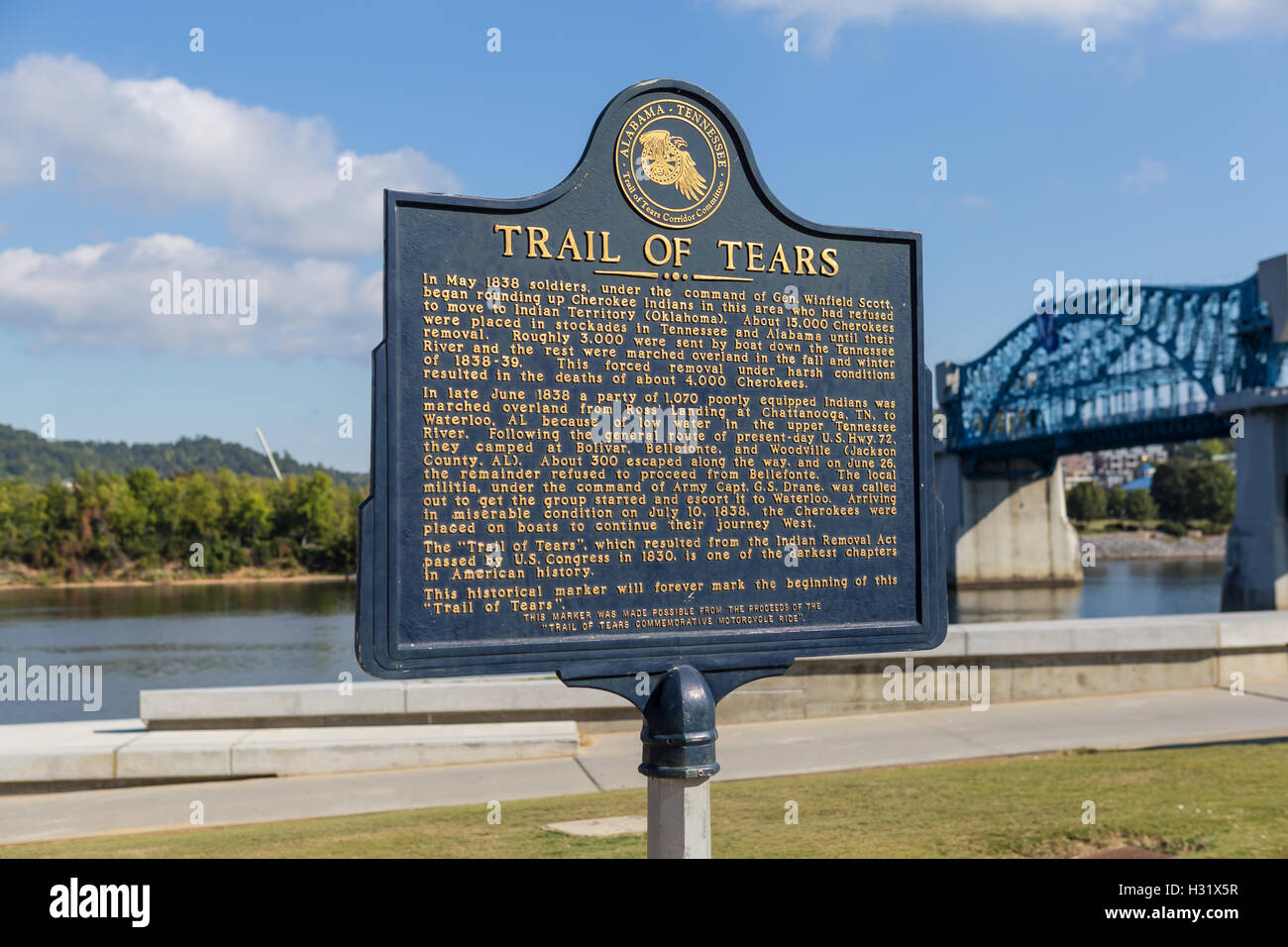 Un marcatore storico indica l'inizio del Sentiero delle Lacrime a Ross di sbarco a Chattanooga, Tennessee. Foto Stock