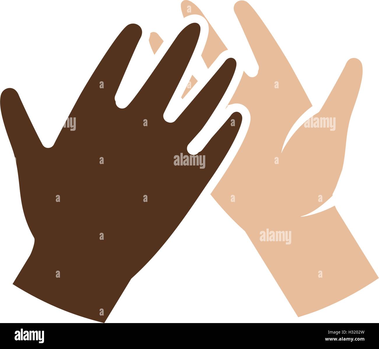 Abstract isolato di chiaro e scuro della pelle delle mani umane insieme logo. Dando alta cinque in bianco e nero di persone mani logotipo. Amicizia Internazionale segno. Parità di diritti simbolo. Illustrazione Vettoriale. Illustrazione Vettoriale