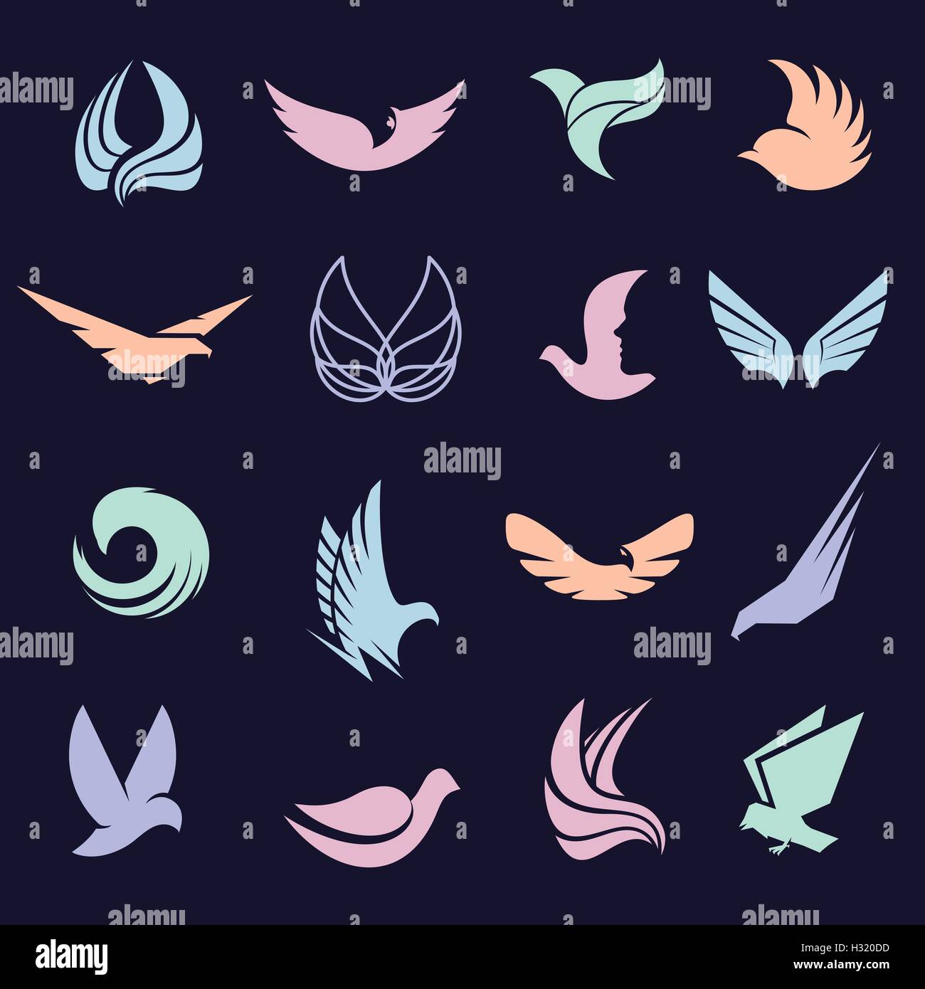 Abstract isolato uccelli colorati e ali delle farfalle con piume set del logo su sfondo nero. Logotipo di volo di raccolta. Icone dell'aria. Illustrazione Vettoriale. Eagle,pigeon,hawk silhouette . Illustrazione Vettoriale