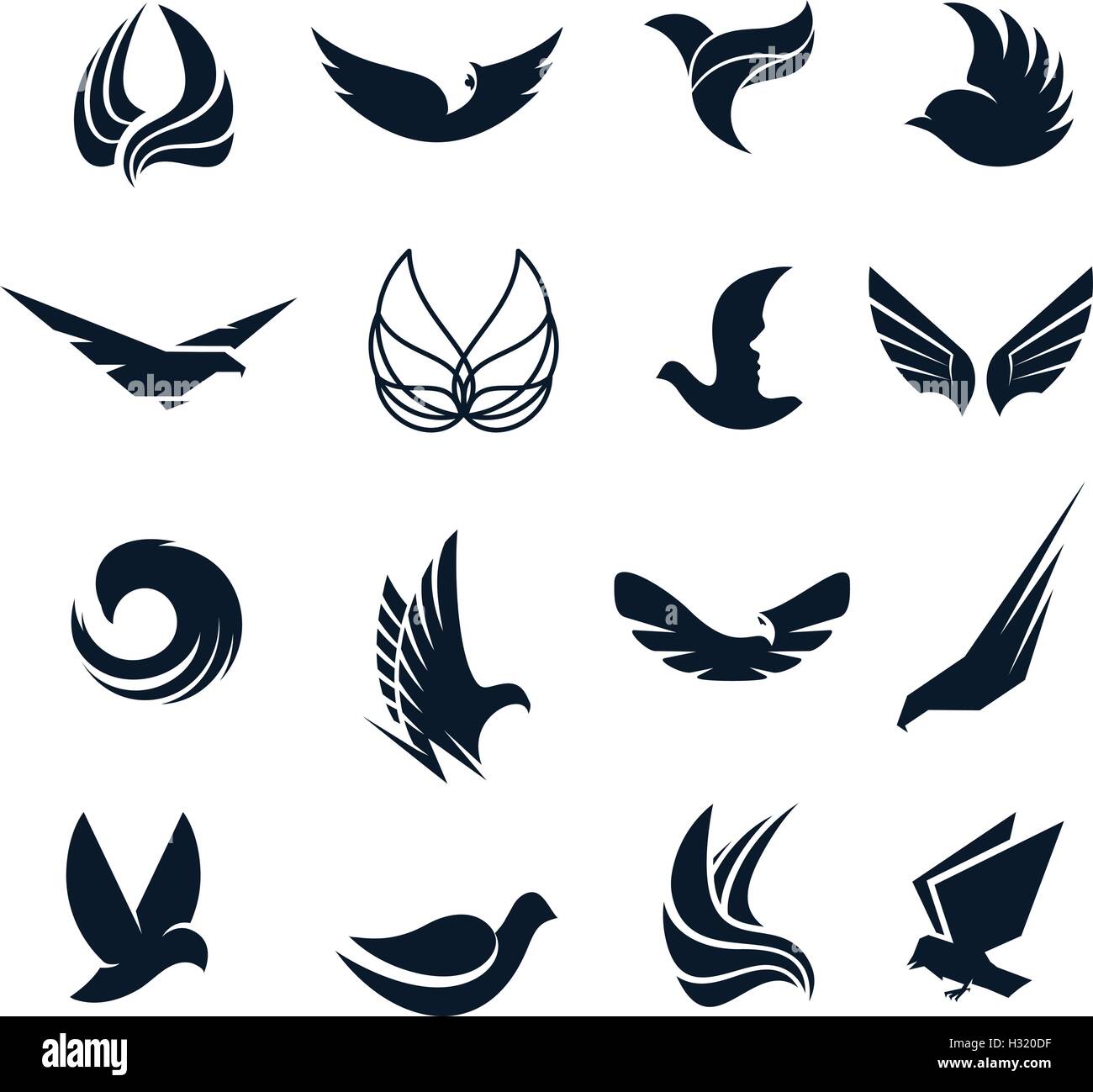 Abstract isolato in bianco e nero di uccelli, ali delle farfalle con piume logo set. Logotipo di volo di raccolta. Icone dell'aria. Illustrazione Vettoriale. Eagle,pigeon,hawk silhouette . Illustrazione Vettoriale