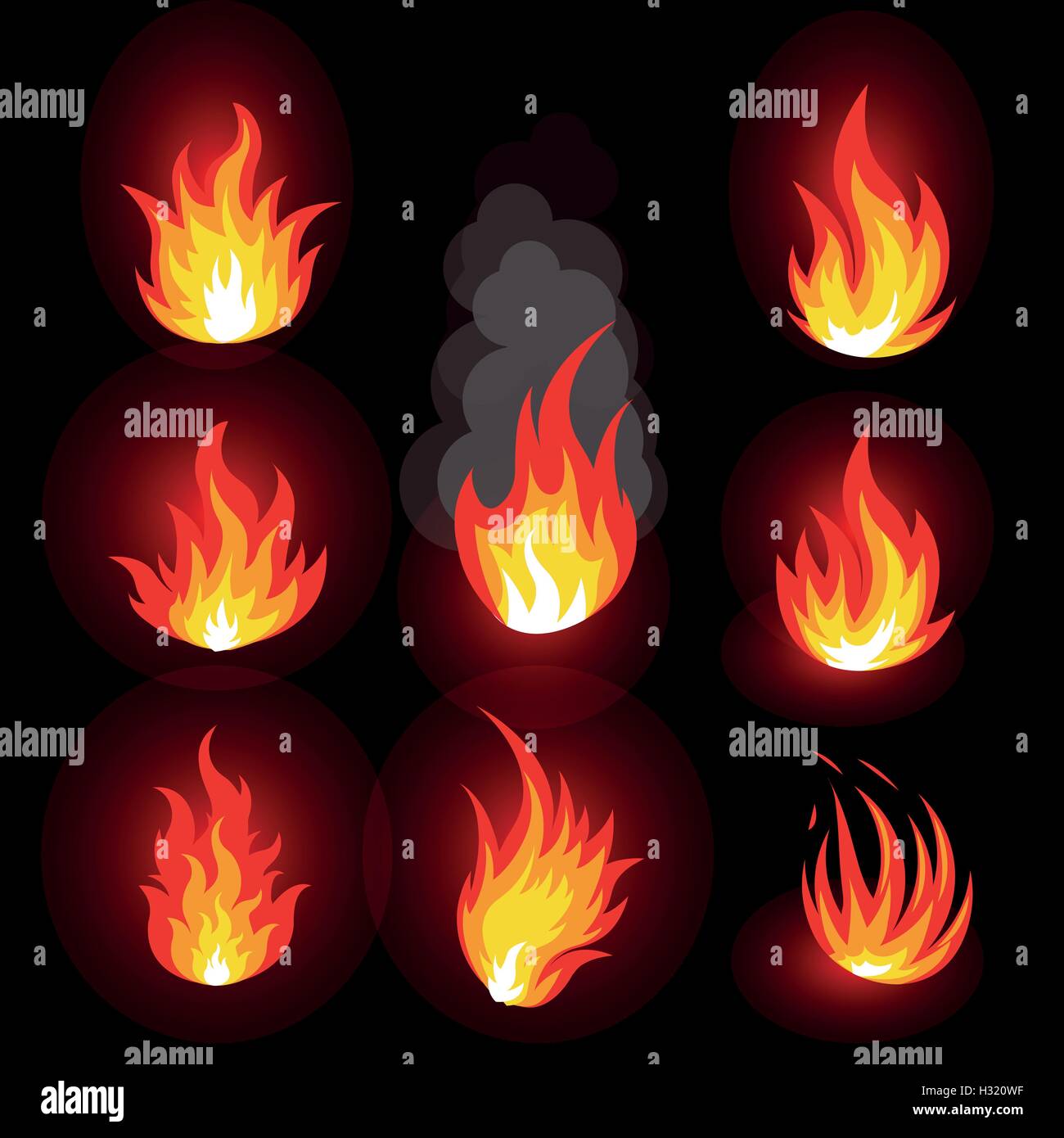 Abstract isolato rosso e arancione fuoco di fiamma set del logo su sfondo nero. Hot realistico campfire logotipo di raccolta. Il cibo piccante simbolo. Icona di calore. L'energia di segno. Illustrazione Vettoriale. Illustrazione Vettoriale