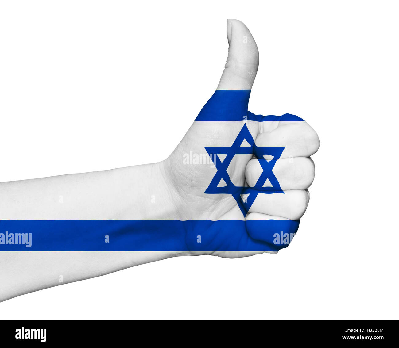 Mano con il pollice fino dipinte in colori della bandiera di Israele isolato Foto Stock