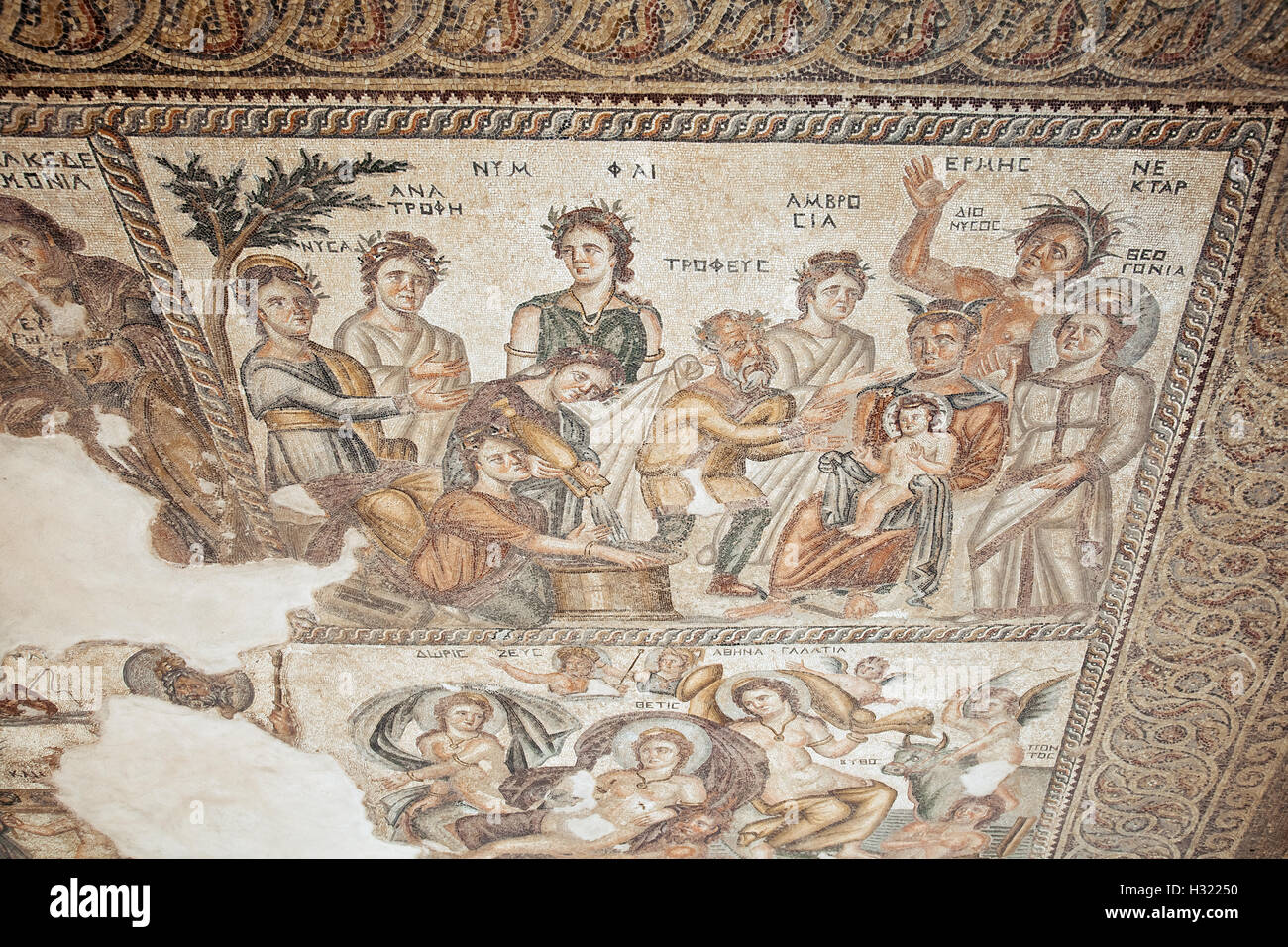 Il Greco antico mosaico in Paphos parco archeologico. Foto Stock