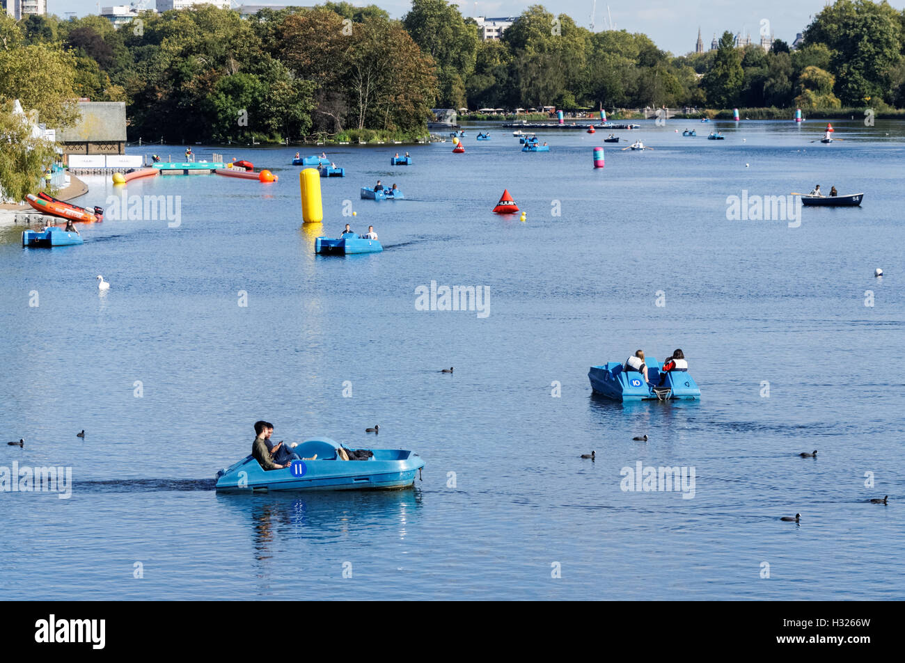 Barche sul lago a serpentina in Hyde Park, Londra England Regno Unito Regno Unito Foto Stock