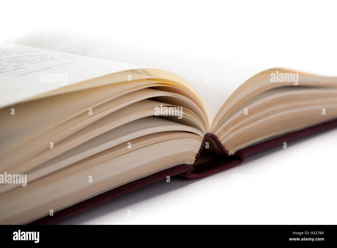 Libro aperto su bianco Foto Stock