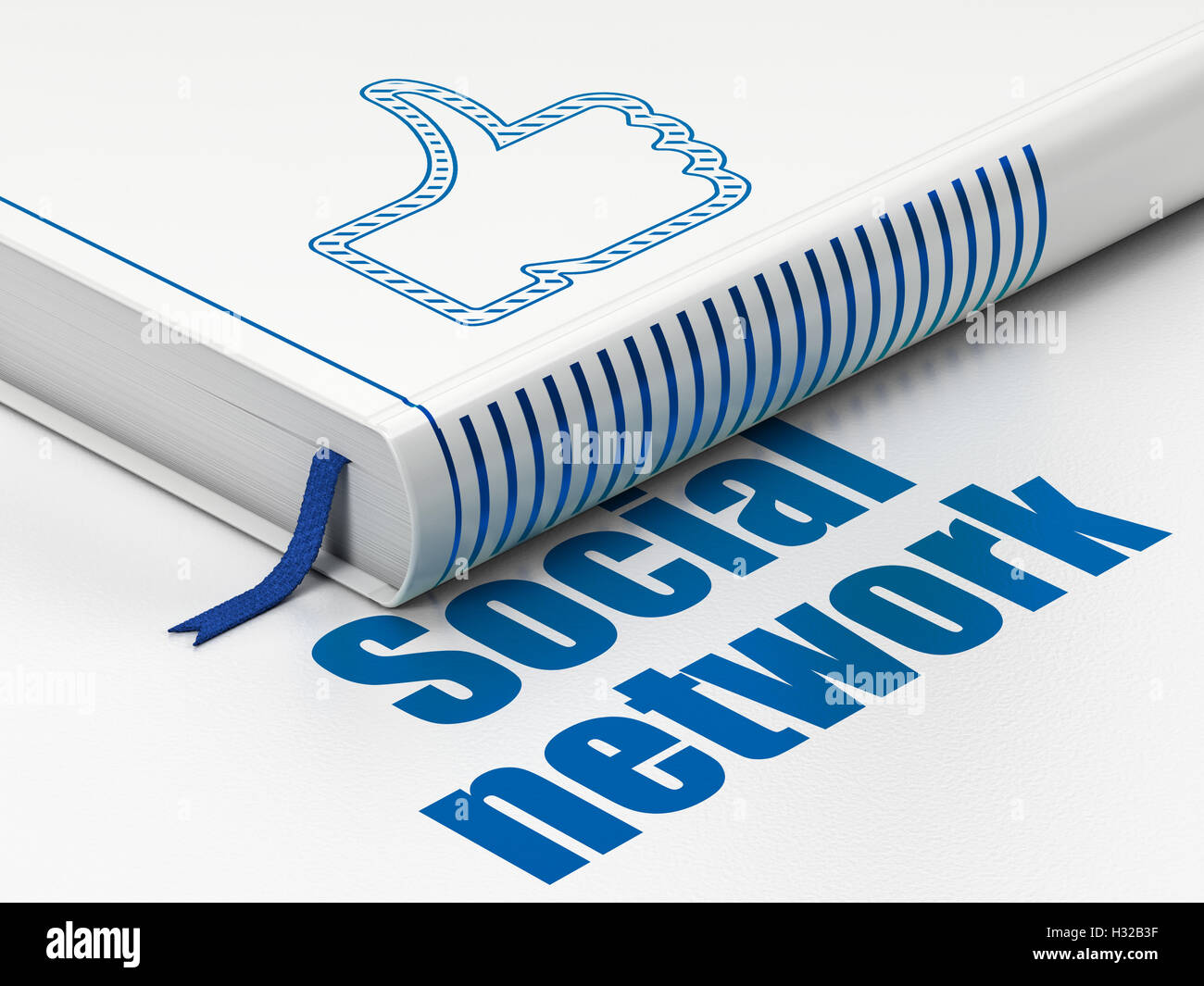 Social media concetto: prenota pollice in alto, rete sociale su sfondo bianco Foto Stock