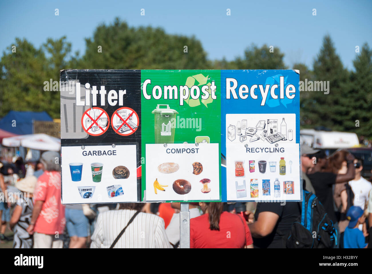 Un segno al di sopra di cassonetti per spiegare gli elementi che appartengono nella lettiera, compost o riciclare contenitori. Foto Stock