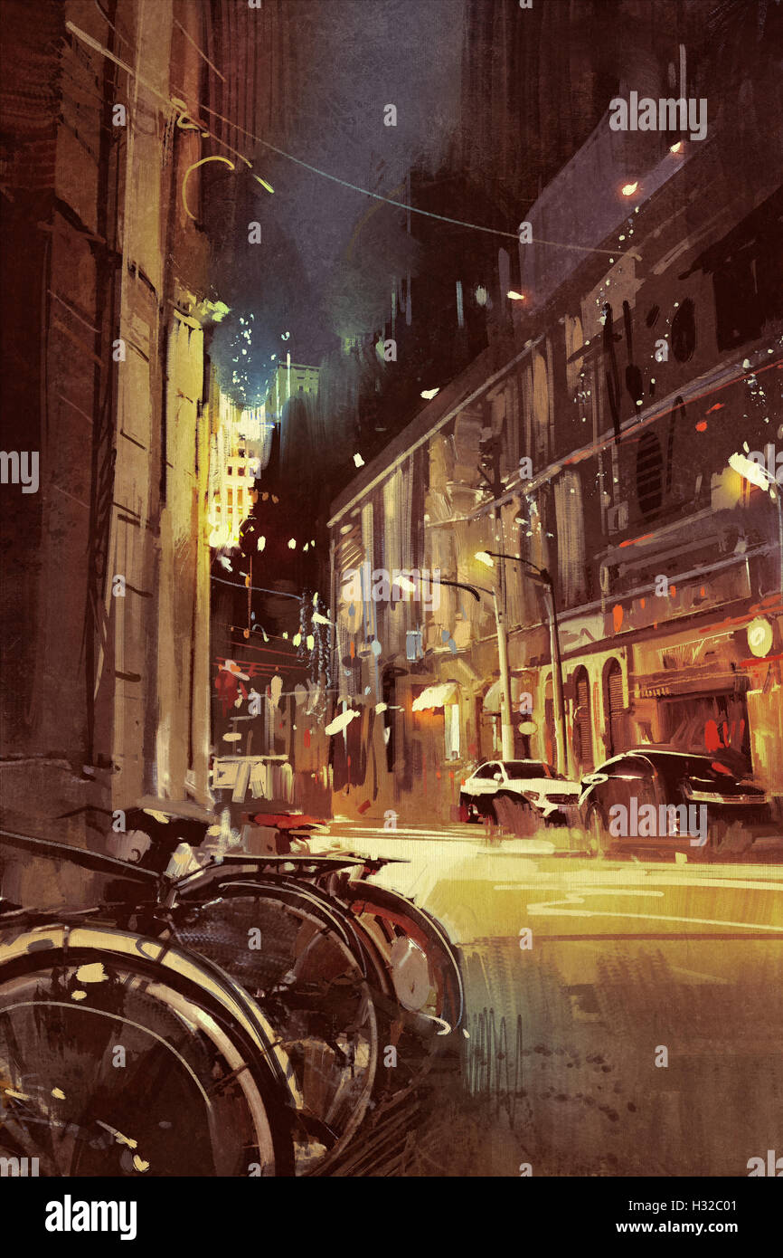 Scena notturna di una strada in città con luce colorata, illustrazione pittura Foto Stock